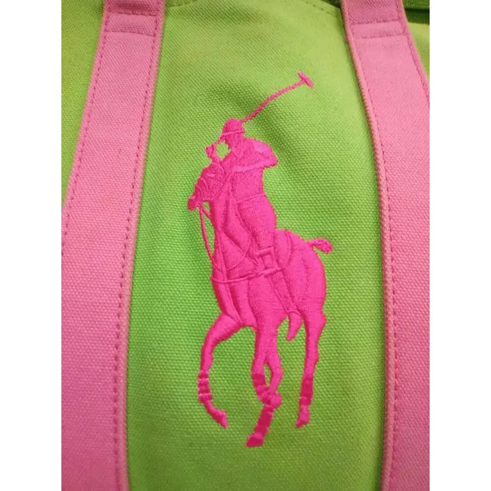 Ralph Lauren Tote Bag Womens Green Pink Canvas Big Pony Embroidered Preppy Beach - Picture 2 of 9